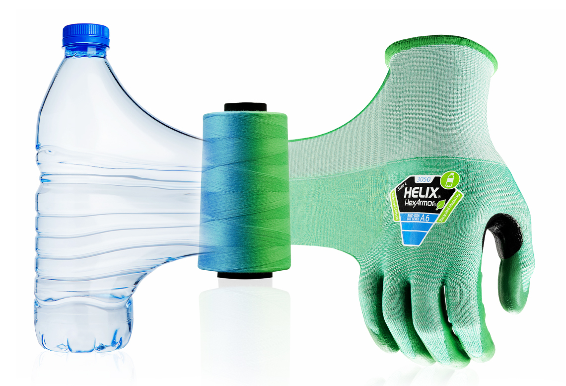 The Helix® 3050 sustainable safety glove shown being made from recycled plastic water bottle materials.