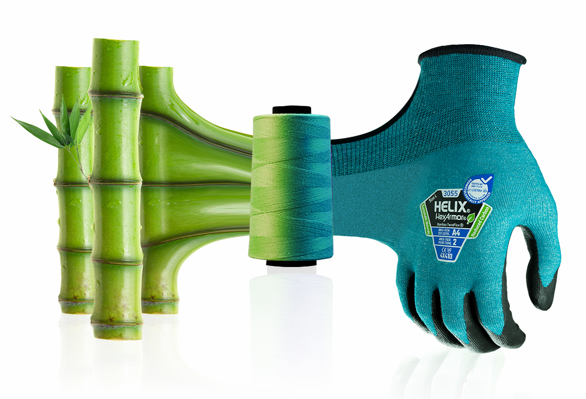 The Helix® 3055 Bamboo TwinFlex® sustainable safety glove shown being made with bamboo fibers.
