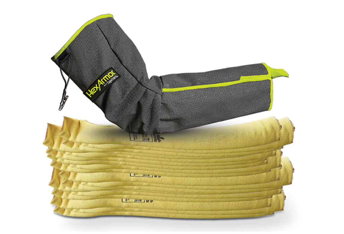SuperFabric® brand material durable arm sleeves shown alongside 20 typical Kevlar® sleeves.