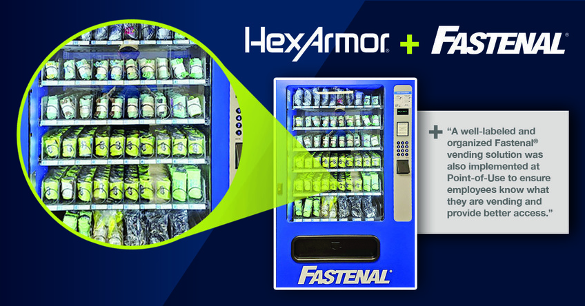Shows a well-labeled and organized Fastenal® vending solution with safety gloves and eyewear neatly arranged.