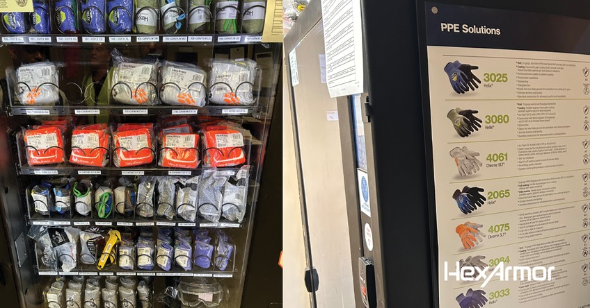 HexArmor gloves stocked inside a vending machine with a poster explaining the features of all the options. 
