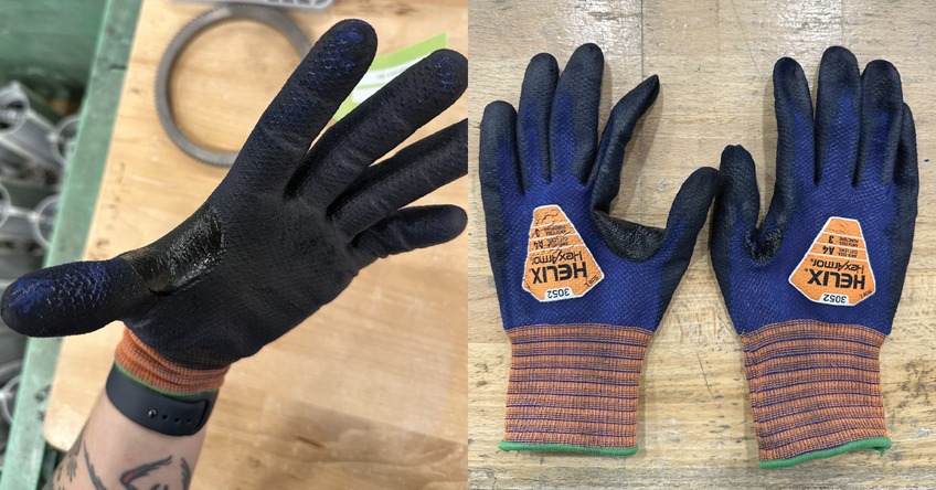 Die setters share pictures of Helix 3052 gloves after use. 
