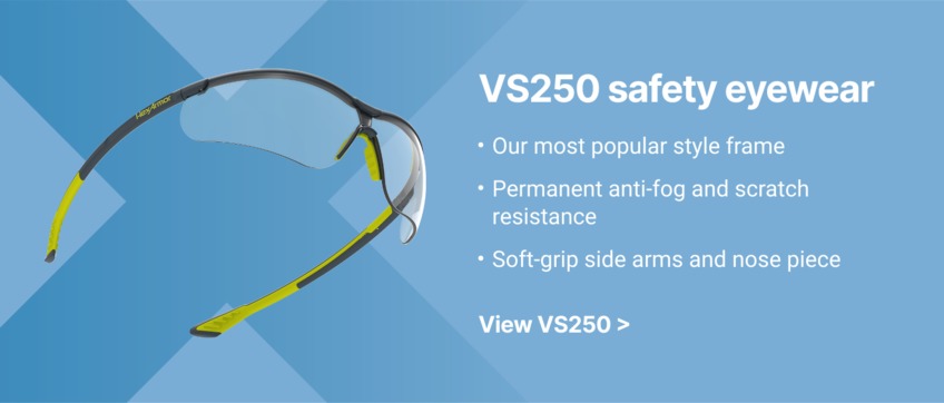 Product spotlight for VS250 safety eyewear, HexArmor's most popular style frame with permanent anti fog.
