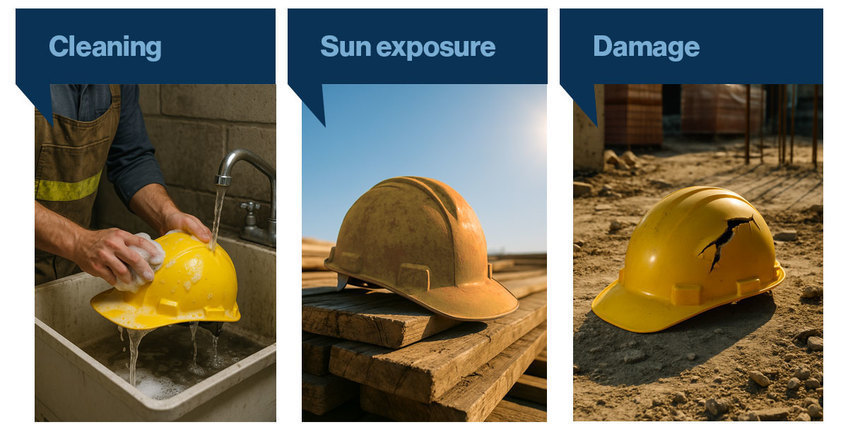 How to clean your safety helmet, protect from sun damage, and check for other signs it's time to replace your hard hat. 