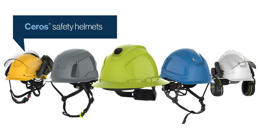 Ceros safety helmet line up featuring climbing-style, Type 1, and Type 2 helmets. 