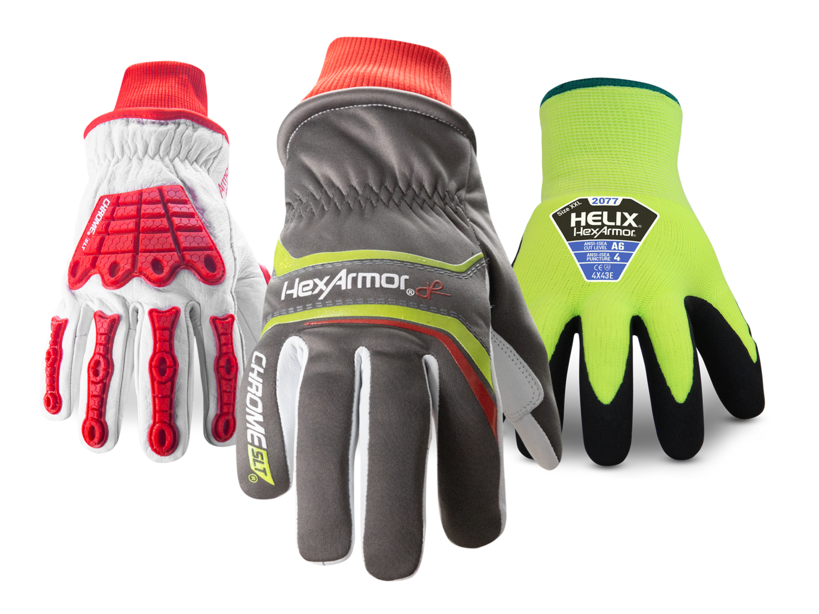 Back hand view of the Chrome SLT Winter 4067W, Chrome SLT Winter 4075W, and the Helix Cold Weather 2077 from left to right.