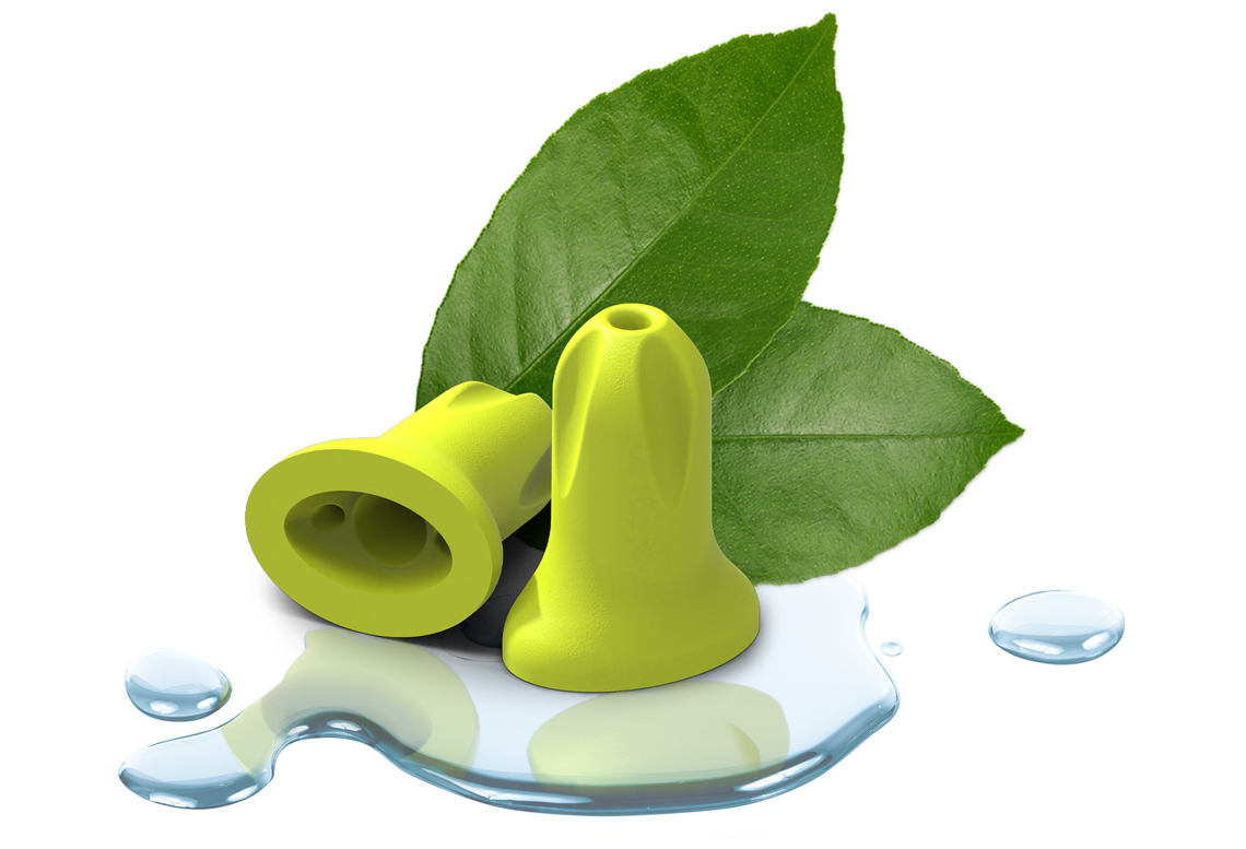HexArmor’s sustainable earplugs for work shown as waste-reducing with leaves and water.