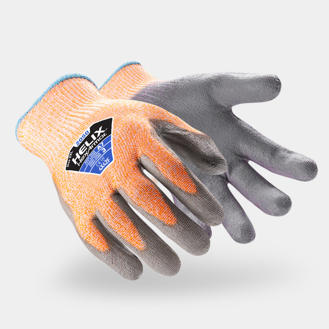 Hi-vis orange and grey Helix 2050 cut-resistant gloves shown side by side as they might appear on your hands.