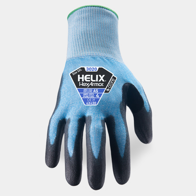 Back of hand view of Helix 3020 abrasion-resistant gloves, showcasing the glove label and HPPE/steel/fiberglass/polyester blend shell.