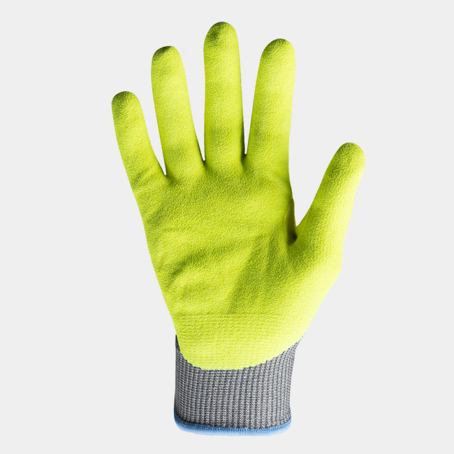 Palm view of the Helix 3014 eco-friendly fiberglass-free gloves showcasing the hi-vis sandy nitrile coating.