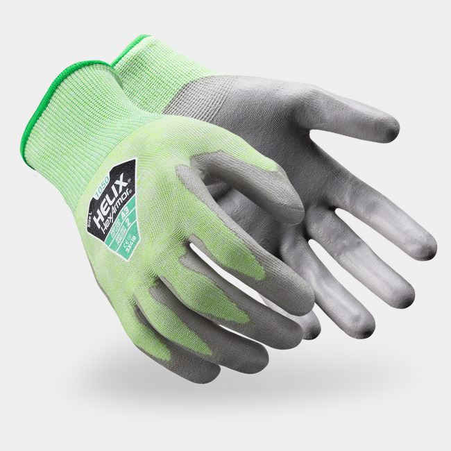 Green and grey Helix 1050 cut-resistant gloves shown side by side as they might appear on your hands.