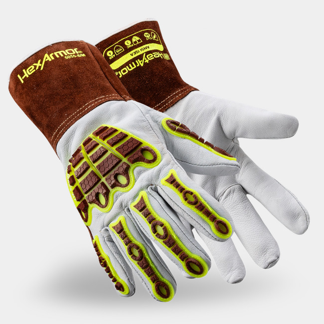 Pair of HeatArmor 5055 welding work gloves as they might appear on your hands.