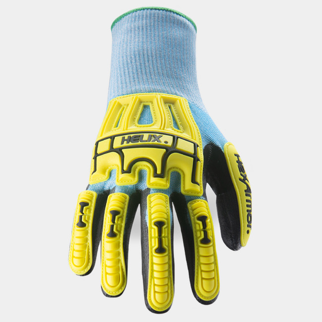 Back of hand view of Helix 3012 impact gloves, showcasing the glove label and HPPE/steel/fiberglass/polyester blend shell.