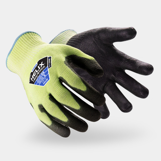 Hi-vis yellow and black Helix 2060 puncture-resistant gloves shown side by side as they might appear on your hands.