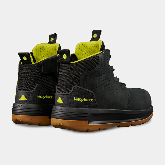 Back side of comfortable work boots showcasing Xtend’s hi-vis details on the liner and heel.
