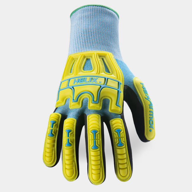Back of hand view of Helix 3010 abrasion-resistant gloves, showcasing the impact resistance and HPPE/steel/fiberglass/polyester blend shell.