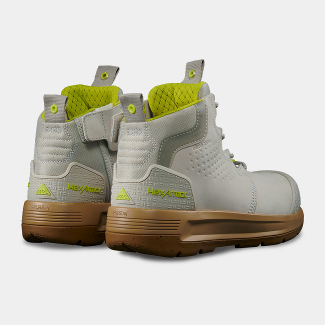 Back side of grey work boots showcasing Xtend’s hi-vis details on the liner and heel.