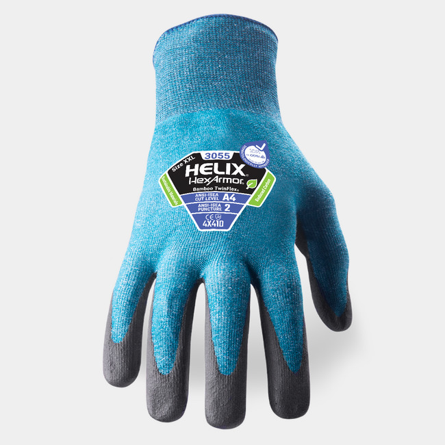Back of hand view of Helix 3055 bamboo gloves, showcasing the label.