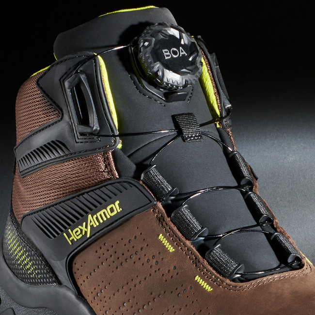 Up-close view of Xbase BOA brown work boot’s quick lacing system for superior fit and comfort.