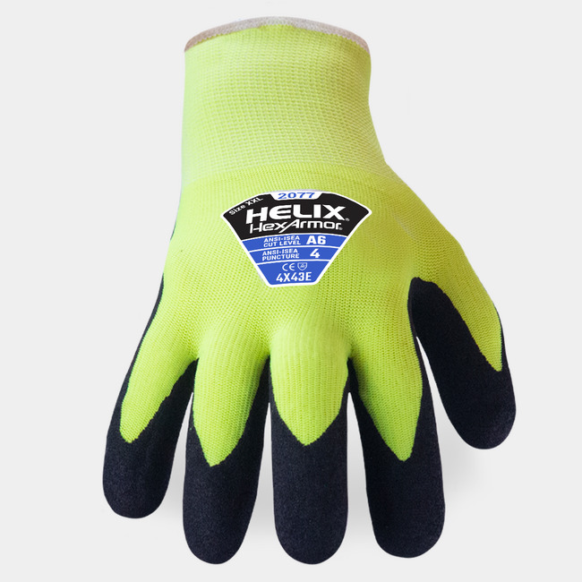 Back of hand view of Helix 2077 high-dexterity winter work glove, showcasing the glove label and acrylic/fiberglass blend shell.