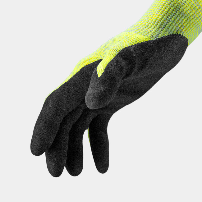 Side view of Helix 2062 cut-resistant gloves, showcasing where the seamless knit meets the coating.