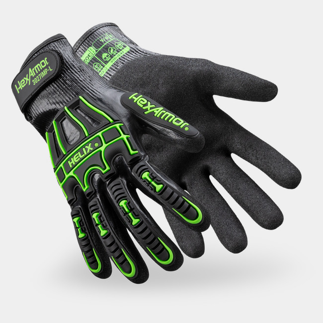 Black Helix 3027IMP water-resistant impact gloves side by side as they might appear on your hands.