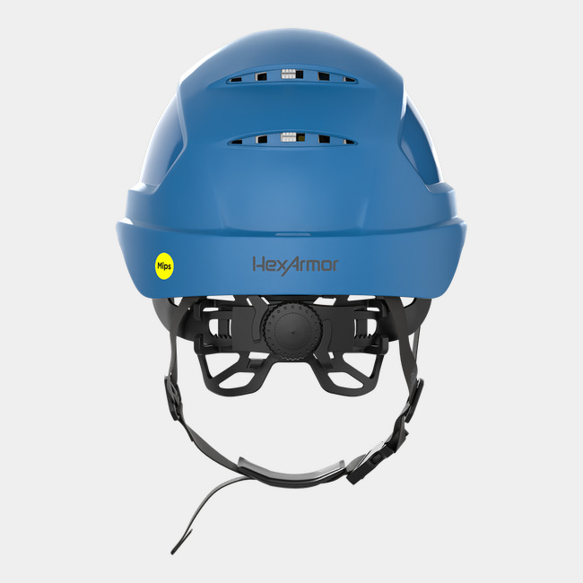 Ceros XP450A with Mips and chin strap safety helmet as shown from the back showcasing the wheel ratchet adjustment system.