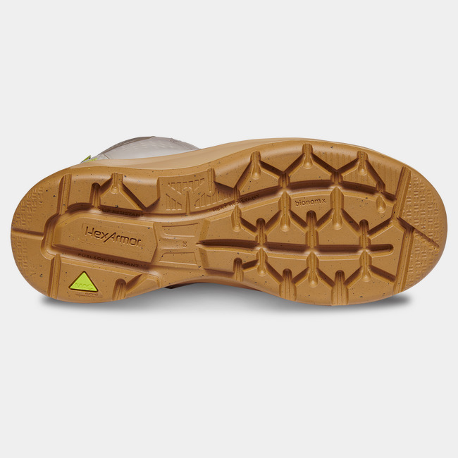 Bottom side of slip-resistant work boot showcasing the unique tread and MACSOLE rubber outsole.