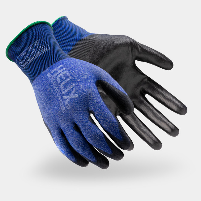 Blue and black Helix 1032 utility gloves shown side by side as they might appear on your hands.