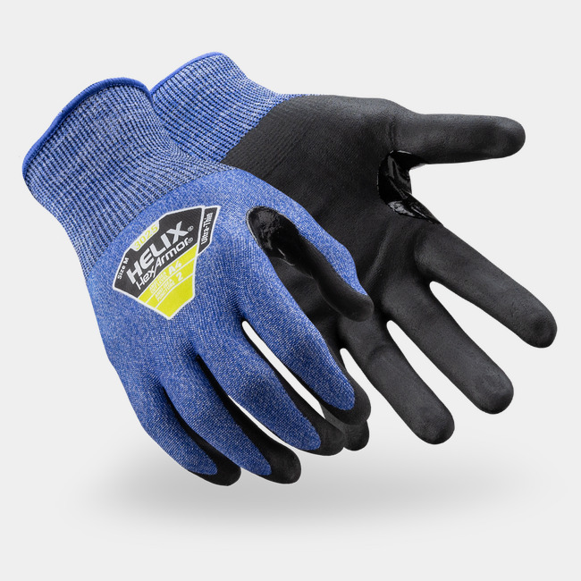 Blue Helix 3025 cut-resistant work gloves shown side by side as they might appear on your hands.