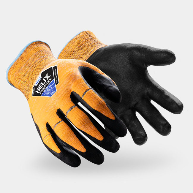 Hi-vis orange Helix 1092 abrasion-resistant safety gloves shown side by side as they might appear on your hands.
