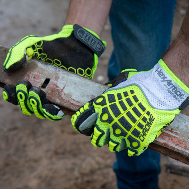 Hands wearing the Chrome Oasis® 4035IMP while gripping a metal rod showcasing printed silicone grip on the left and back of hand impact protection on the right.