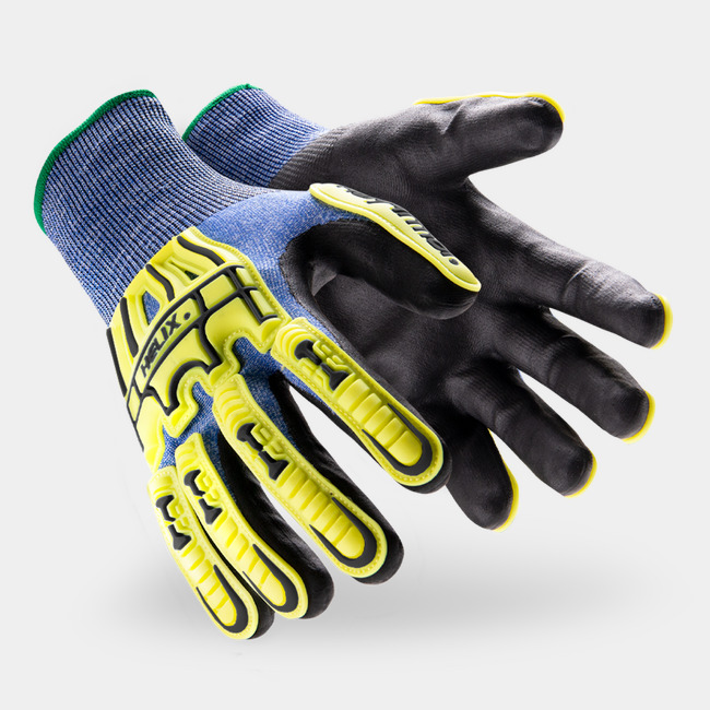 Hi-vis and blue Helix 3016 impact-resistant gloves as they might appear on your hands.