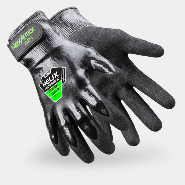 Black Helix 3027 water-resistant work gloves shown side by side as they might appear on your hands.