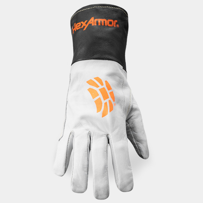 Back of hand view of Chrome SLT 4062 gauntlet heat resistant safety gloves.