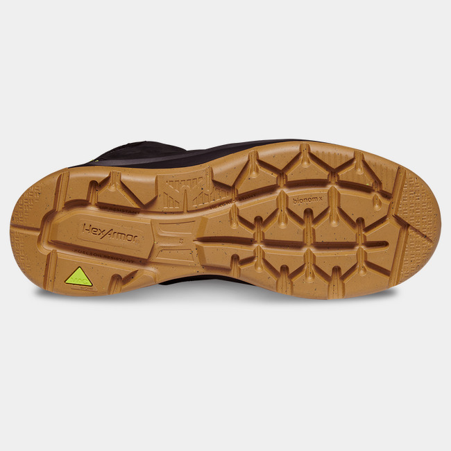 Bottom side of slip-resistant work boot showcasing the unique tread and MACSOLE rubber outsole.