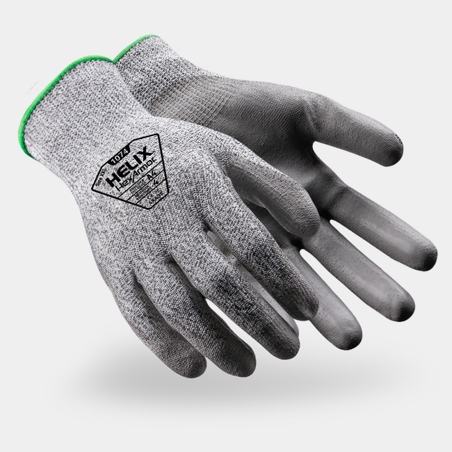Grey Helix 1074 cut-resistant gloves shown side by side as they might appear on your hands.