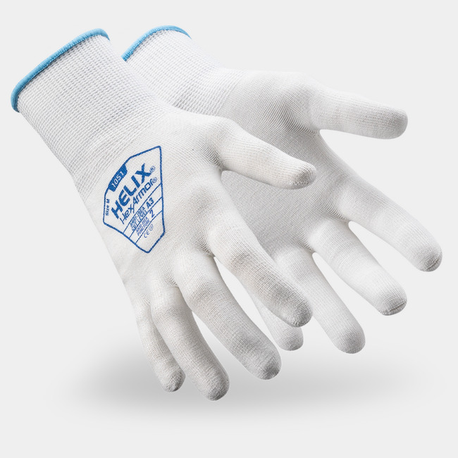 White Helix 1051 cut-resistant under glove safety gloves as they might appear on your hands.