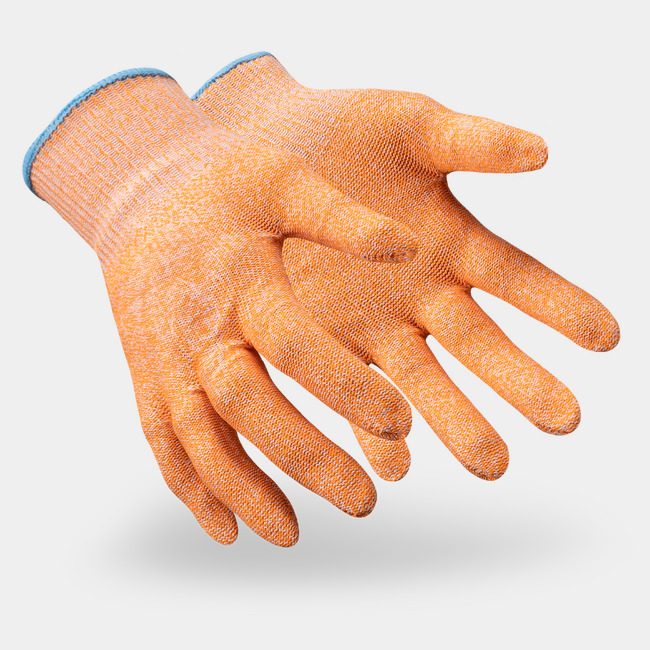 Hi-vis orange Helix 2051 food safe gloves shown side by side as they might appear on your hands.