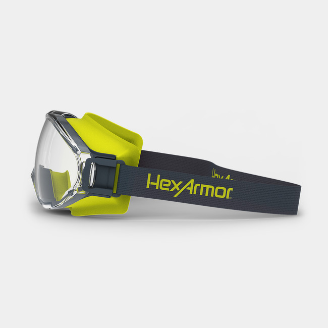 LT300 anti-fog safety goggles from the side showcasing the HexArmor logo on the strap.