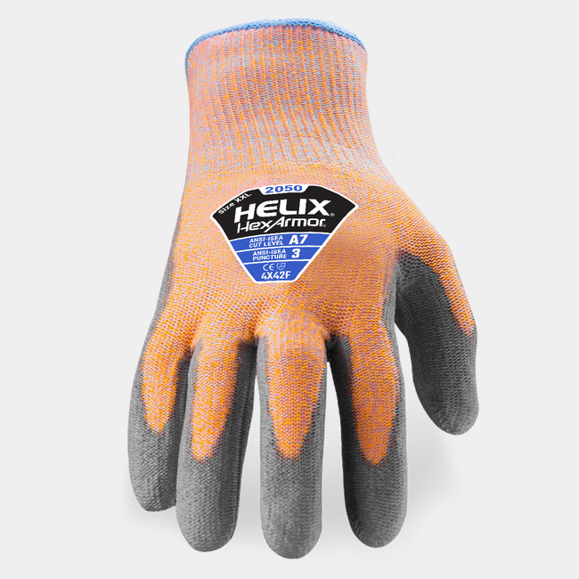 Back of hand view of Helix 2050 hi-vis gloves, showcasing the glove label and HPPE/steel/fiberglass blend shell.