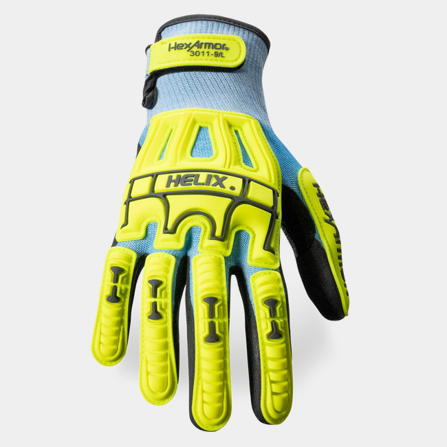 Back of hand view of Helix 3011 anti-vibration gloves, showing IR-X impact guards.