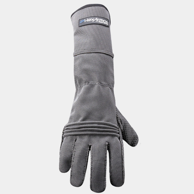 Back-of-hand view of Hercules 400R6E highly cut resistant gauntlet style gloves.