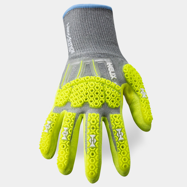 Palm view of the Helix 3014IMP eco-friendly fiberglass-free gloves showcasing the hi-vis sandy nitrile coating.