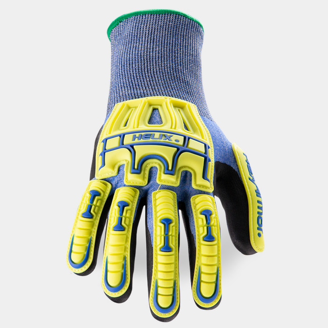 Back of hand view of Helix 3015 hi vis work gloves showcasing the impact resistance.