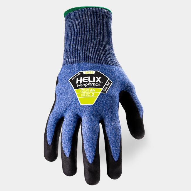 Back of hand view of Helix 3025 high-dexterity work gloves, showcasing the glove label and HPPE and metal fiber blend shell.