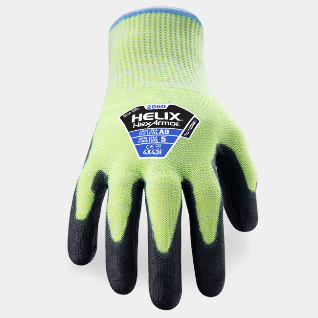 Back of hand view of Helix 2060 cut-resistant gloves, showcasing the glove label and HPPE/steel/fiberglass blend shell.