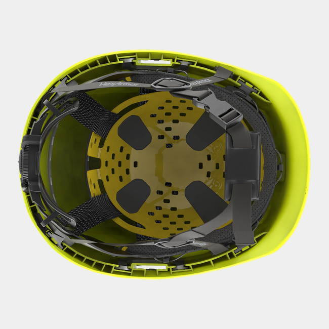 Ceros XP450A with Mips Hi-vis yellow safety helmet showcasing the suspension system on the underside of the helmet.