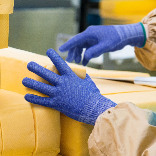 Hands wearing Helix 3033 uncoated gloves handling yummy looking cheese wheels.