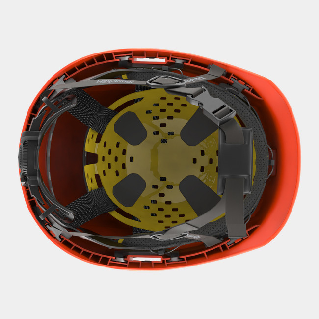 Ceros XP450A with Mips orange safety helmet showcasing the suspension system on the underside of the helmet.